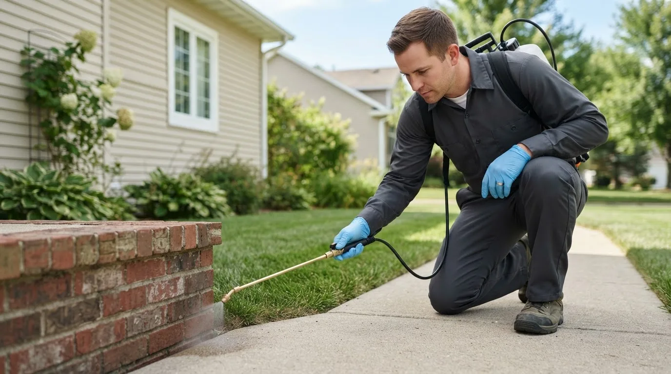 Pest control technician treating a home near Lawson, MO